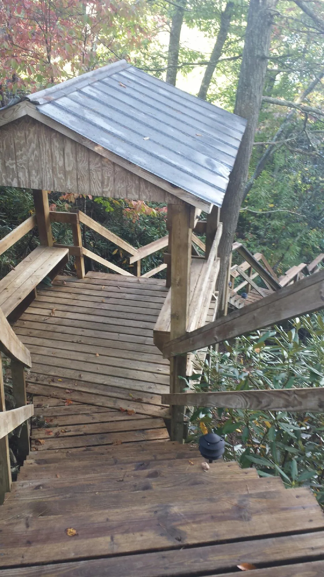Metal roofed shelter over wooden steps on a wooded walkway — Skylight Repair & Installation work by our crew in Republic